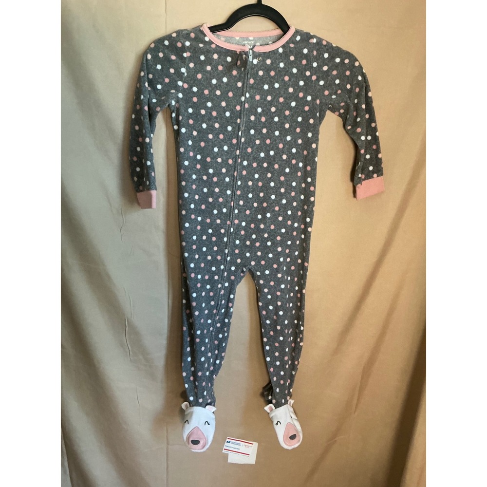 Carter's Footed Sleeper Toddler 4T Gray Excellent Polka Dot Bear Face Fleece